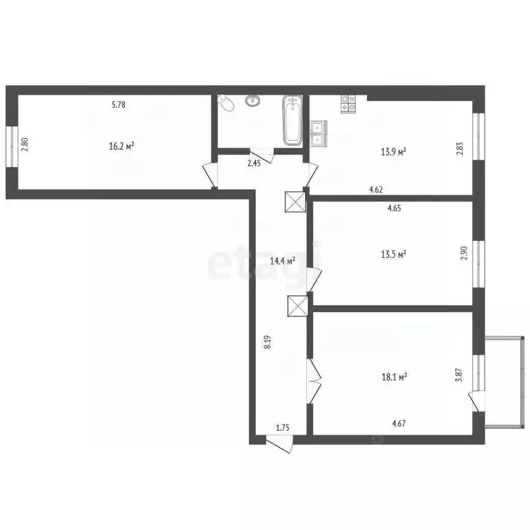 3-к кв. Архангельская область, Архангельск ул. Гагарина, 2 (80.1 м) - Фото 1