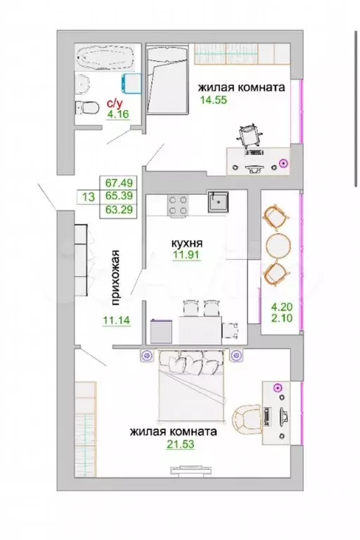 2-к. квартира, 67,5 м, 3/9 эт. - Фото 0
