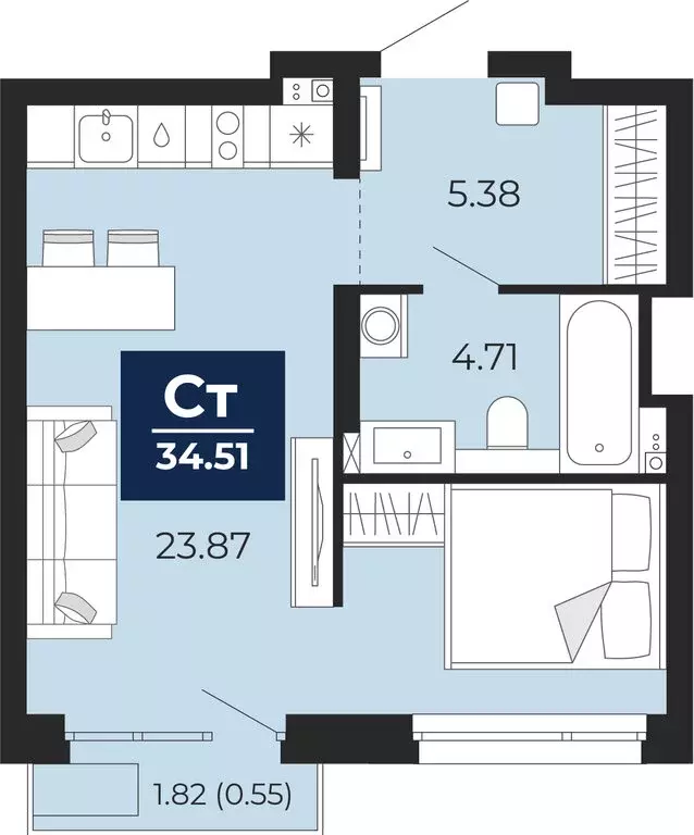 Квартира-студия: Тюмень, Арктическая улица, 16 (35.78 м) - Фото 1