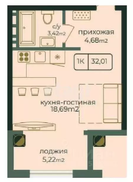 Студия Дагестан, Каспийск просп. Акулиничева (32.01 м) - Фото 1