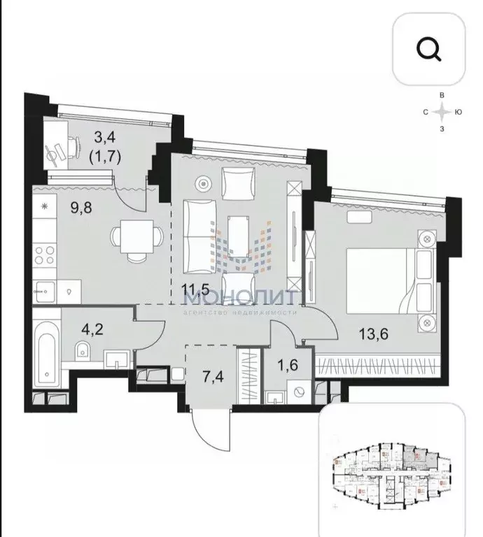 2-к кв. Москва Нагатинская наб., 4Бк1 (51.5 м) - Фото 2
