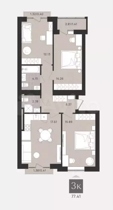 3-к. квартира, 77,4 м, 9/9 эт. - Фото 1