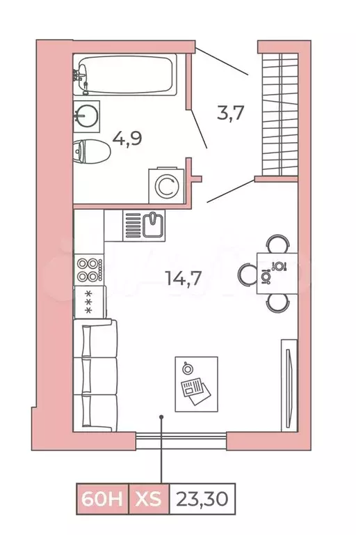 Апартаменты-студия, 23,3м, 2/12эт. - Фото 1