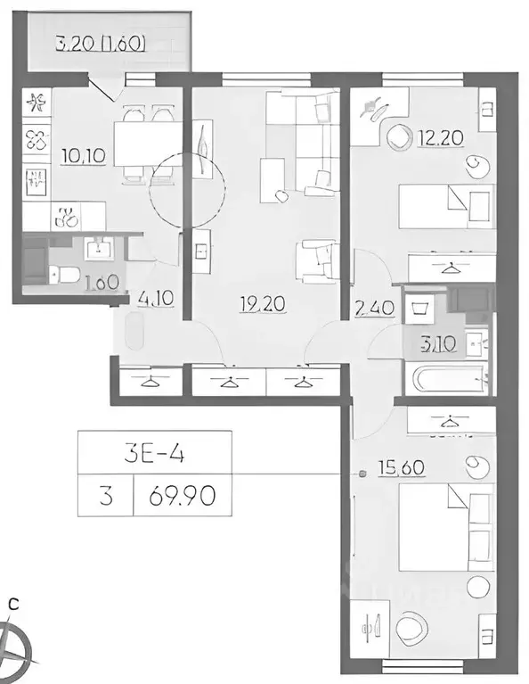 3-к кв. Санкт-Петербург ул. Дыбенко, 7к1 (71.0 м) - Фото 2