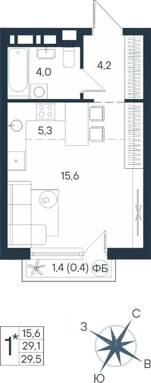 Студия Пермский край, Пермь ул. Космонавта Беляева, 17 (29.5 м) - Фото 1