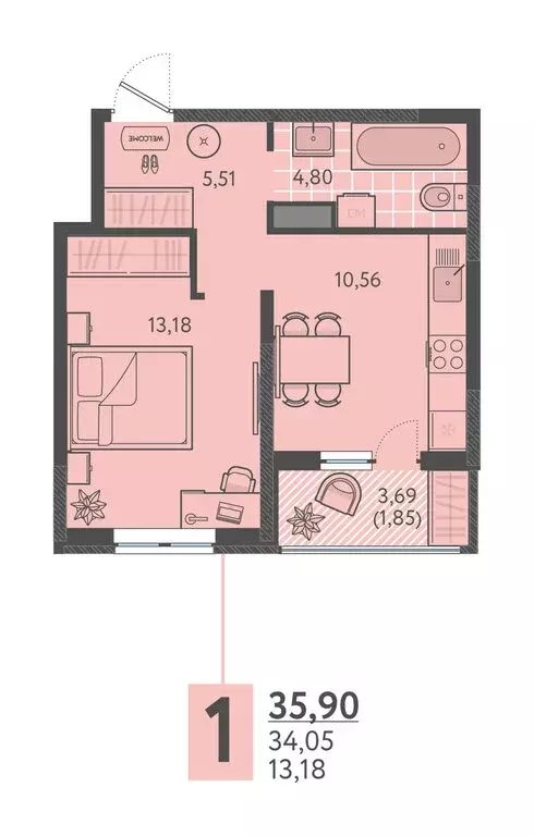1-комнатная квартира: Краснодар, улица имени Леона Орбели, 9 (35.9 м) - Фото 1