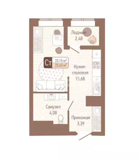 Квартира-студия: Тула, 2-й Клинской проезд, 10 (23.1 м) - Фото 1