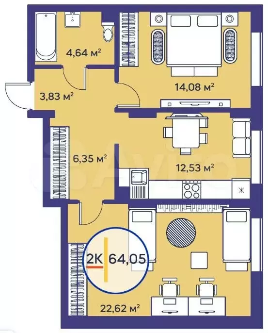 2-к. квартира, 64,1 м, 3/21 эт. - Фото 1