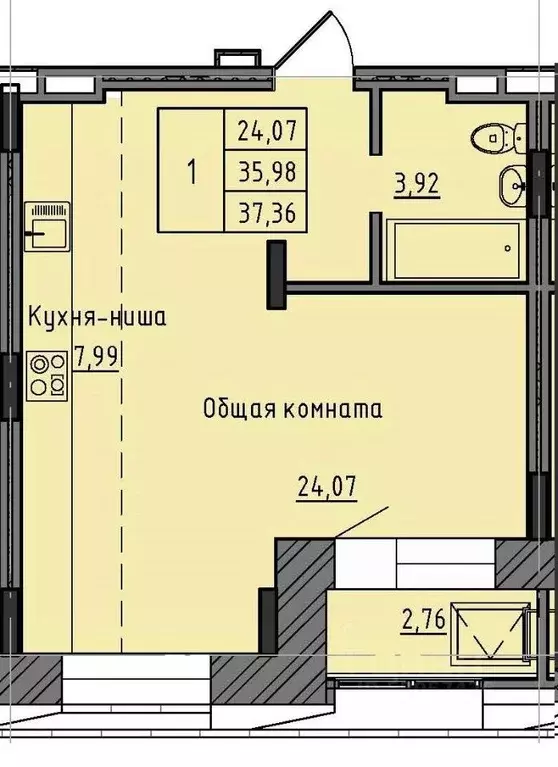 1-к кв. Саха (Якутия), Якутск 37-й кв-л,  (37.36 м) - Фото 1