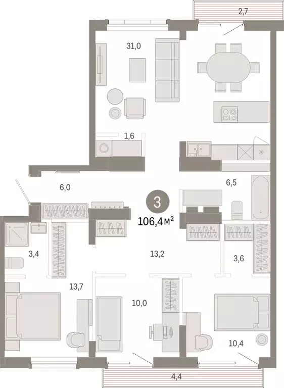 3-комнатная квартира: Омск, Кировский округ (106.4 м) - Фото 1