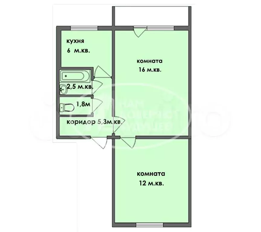 2-к. квартира, 44 м, 2/5 эт. - Фото 0