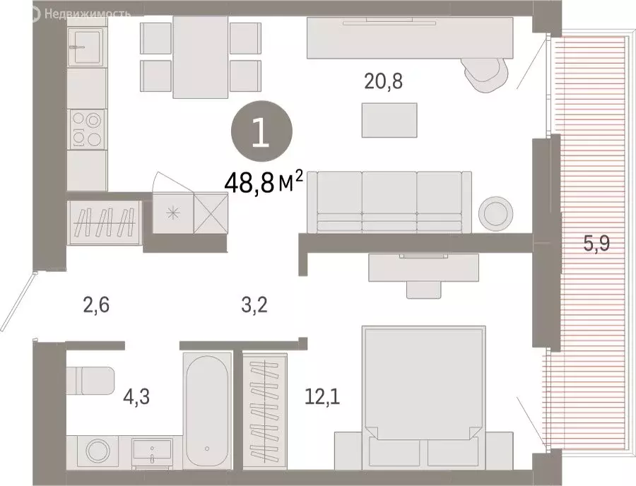 1-комнатная квартира: Тюмень, Ленинский округ (48.75 м) - Фото 1