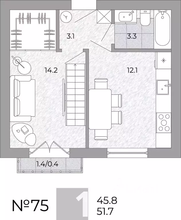 1-к кв. Калининградская область, Гурьевский муниципальный округ, пос. ... - Фото 1