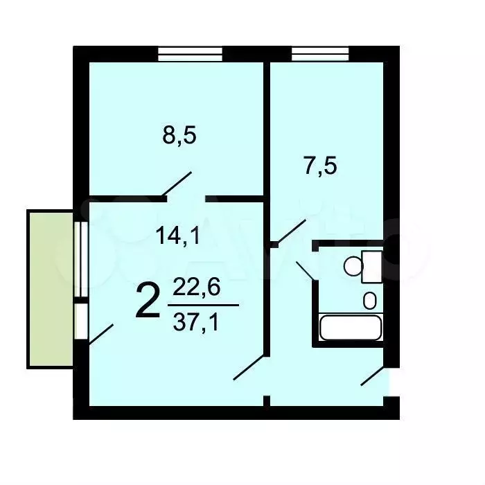 2-к. квартира, 37,1 м, 4/9 эт. - Фото 0