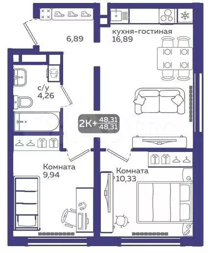 2-к. квартира, 48,3 м, 18/21 эт. - Фото 1