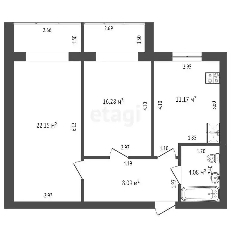 2-комнатная квартира: Голышманово, улица Островского, 2 (57.3 м) - Фото 0
