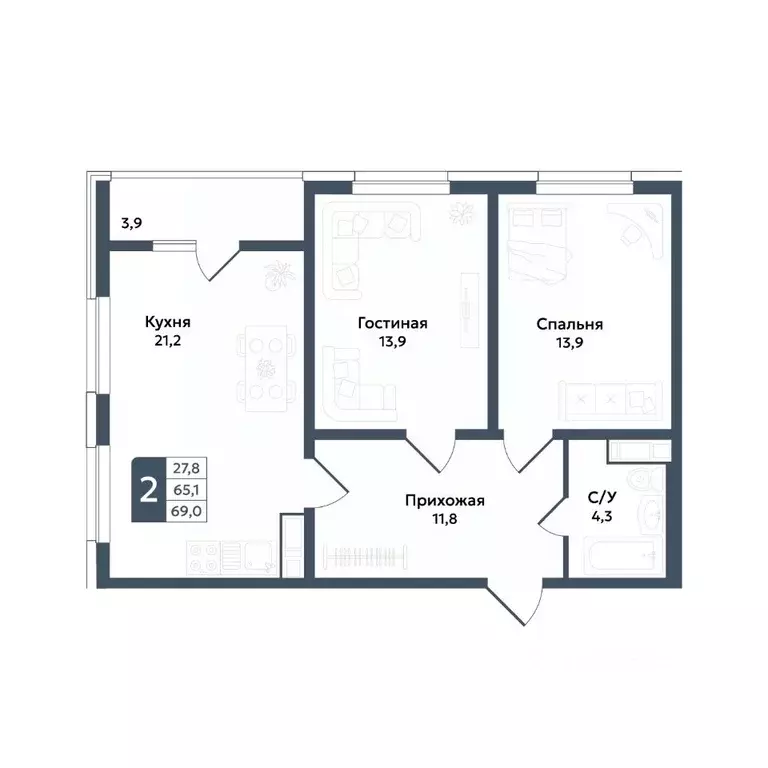 2-к кв. Ставропольский край, Ставрополь ул. Андрея Голуба, 11Б (69.0 ... - Фото 1