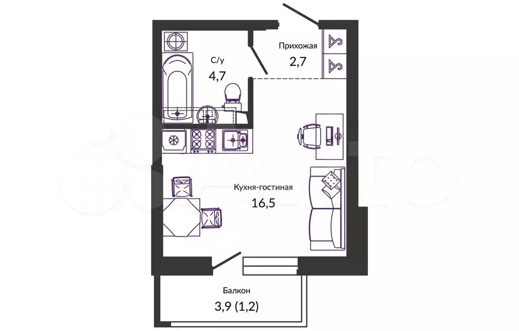 Квартира-студия, 25,5 м, 1/24 эт. - Фото 0