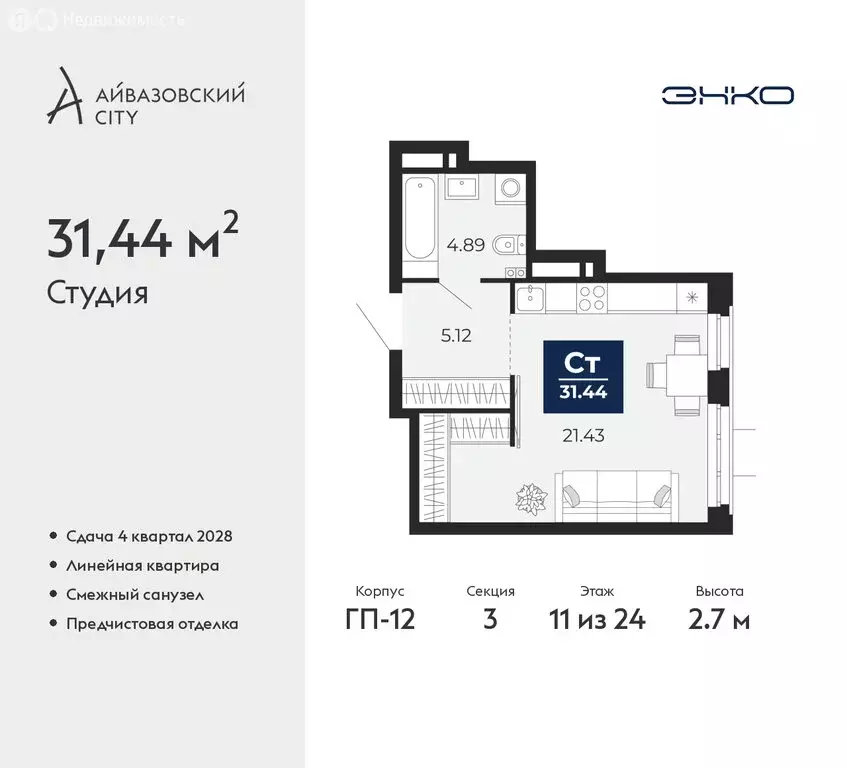 Квартира-студия: Тюмень, ЖК Айвазовский Сити (31.44 м) - Фото 1