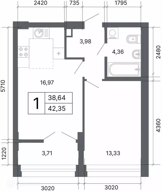 Продаётся 1-к квартира, 42.2 м - Фото 1