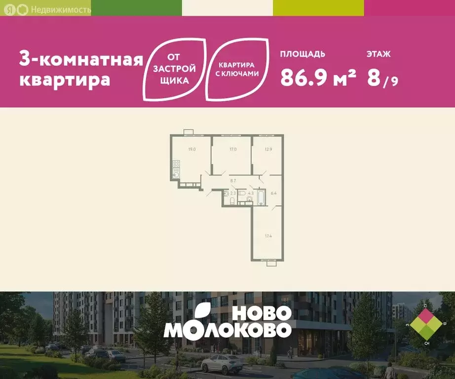 3-комнатная квартира: посёлок городского типа Молоково, жилой комплекс ... - Фото 0