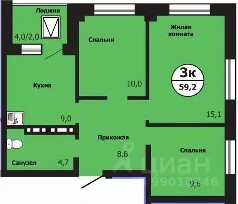 3-к кв. Красноярский край, Красноярск ул. Лесников, 51Б (59.2 м) - Фото 0