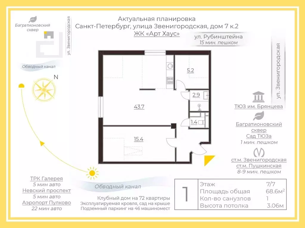 1-к кв. Санкт-Петербург Звенигородская ул., 7к2 (68.6 м) - Фото 2