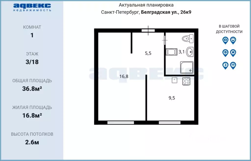 1-к кв. Санкт-Петербург Белградская ул., 26к9 (36.8 м) - Фото 2