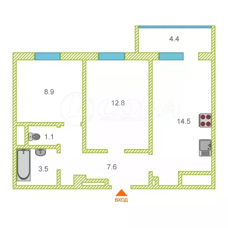 3-комнатная квартира: Тюмень, улица Парада Победы, 9 (49.1 м) - Фото 2