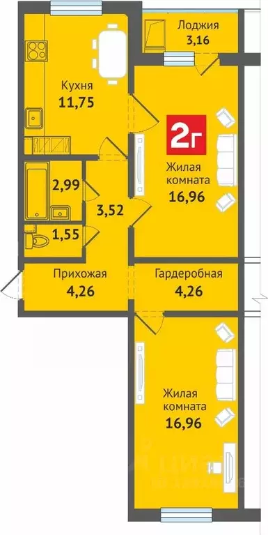 2-к кв. Чувашия, Чебоксары ул. Академика В.Н.Челомея, 12 (65.17 м) - Фото 0