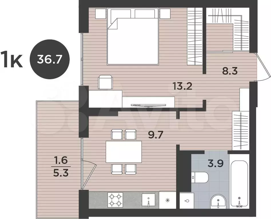 1-к. квартира, 36,7 м, 5/9 эт. - Фото 1