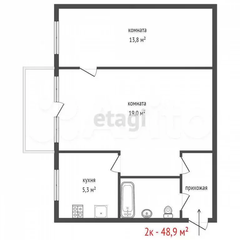 2-к. квартира, 48,9 м, 3/4 эт. - Фото 0