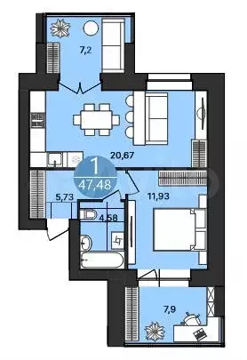 1-к. квартира, 47,5 м, 3/4 эт. - Фото 1