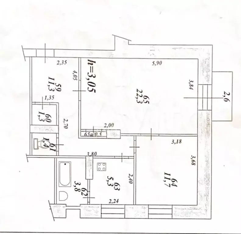 2-к. квартира, 57,6 м, 2/2 эт. - Фото 0