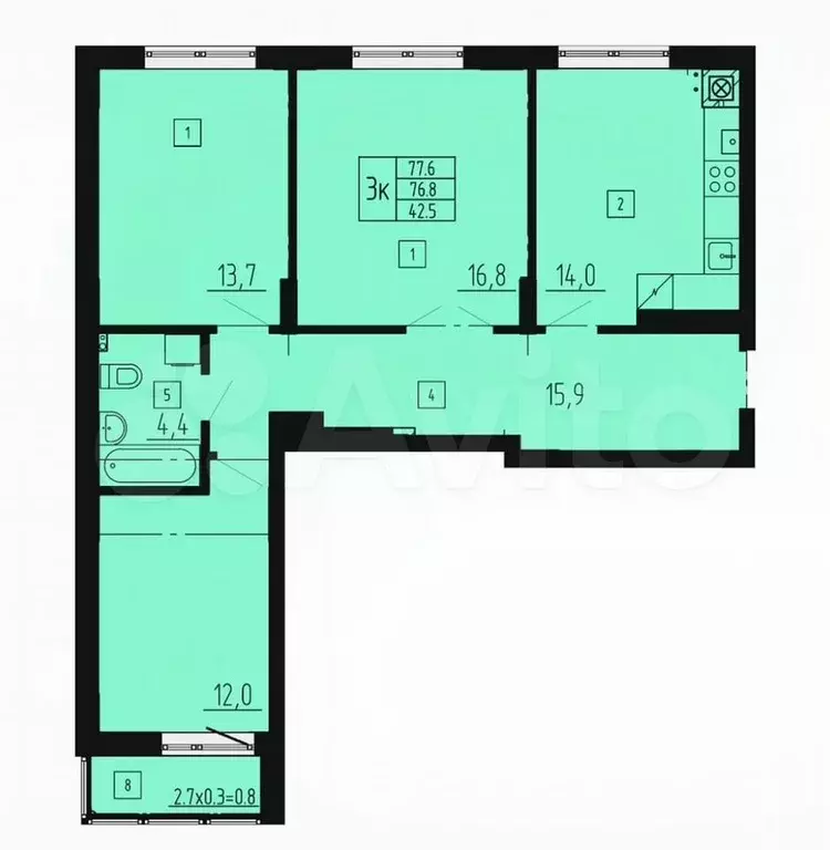 3-к. квартира, 77,6 м, 3/8 эт. - Фото 1