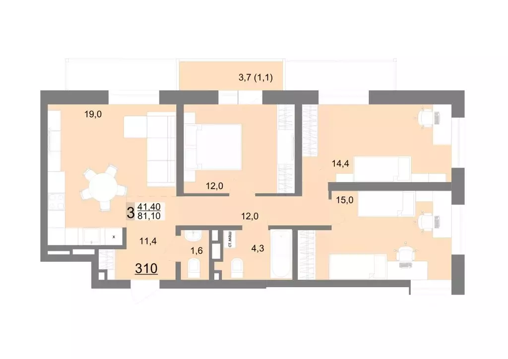 3-к кв. Свердловская область, Екатеринбург ул. Металлургов, 63/1 (78.8 ... - Фото 1