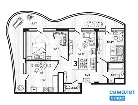 3-комнатная квартира: село Ольгинка, Солнечная улица, 21 (75.75 м) - Фото 1