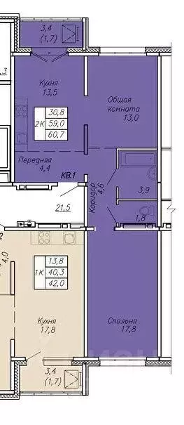 Квартира, 2 комнаты, 60 м - Фото 1
