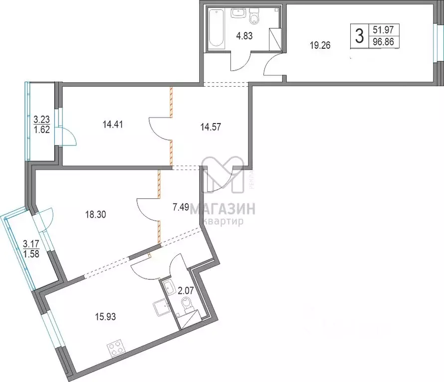 3-к кв. Санкт-Петербург Коломяжский просп., 11 (97.0 м) - Фото 1