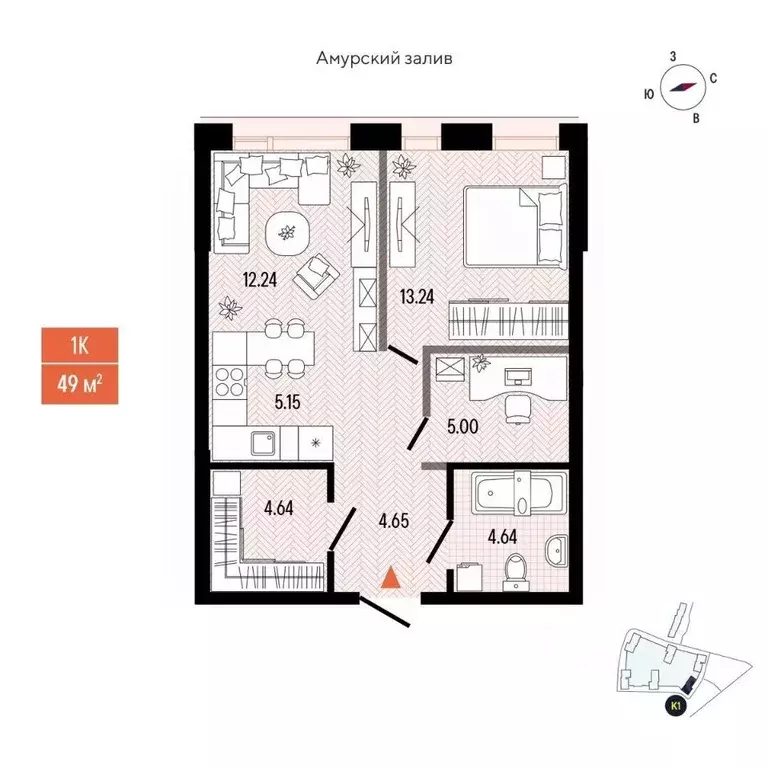 1-к кв. Приморский край, Владивосток просп. 100-летия Владивостока, ... - Фото 2