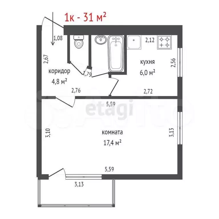 1-к. квартира, 31 м, 5/5 эт. - Фото 1