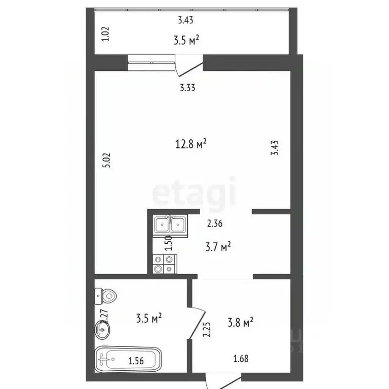 Студия Тюменская область, Тюмень ул. Вадима Бованенко, 1 (23.8 м) - Фото 2