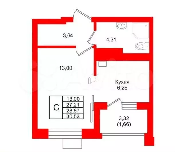 1-к. квартира, 30,5 м, 3/7 эт. - Фото 1