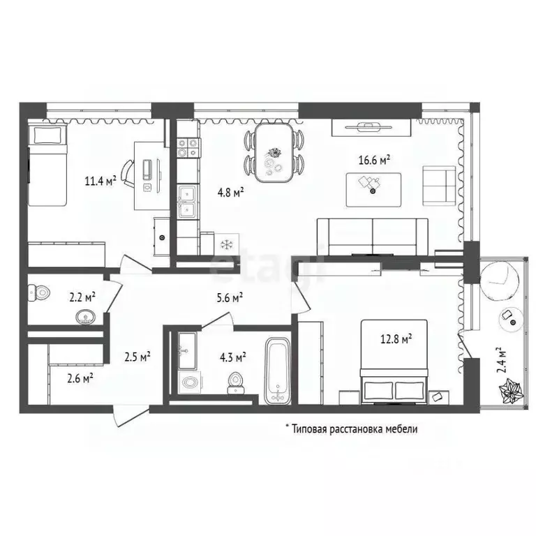 2-к кв. Тюменская область, Тюмень ул. Молодогвардейцев, 5к1 (62.8 м) - Фото 2