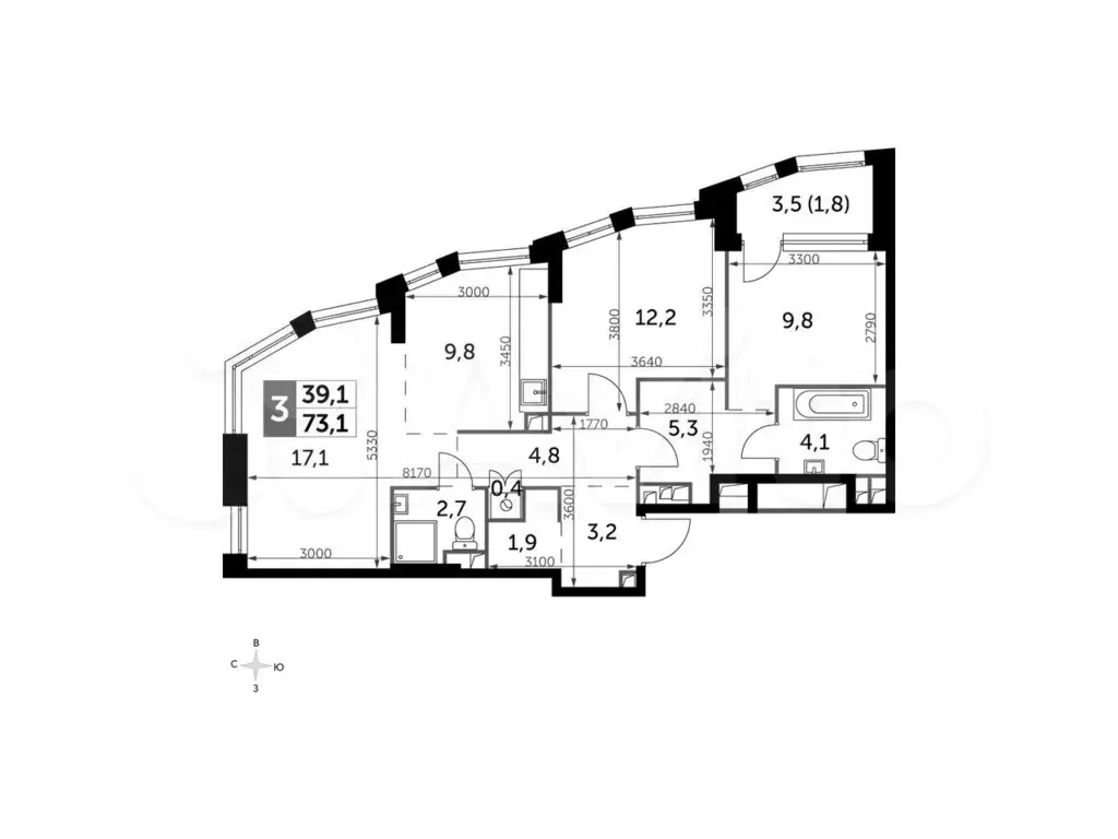 3-к. квартира, 73,1 м, 5/29 эт. - Фото 0