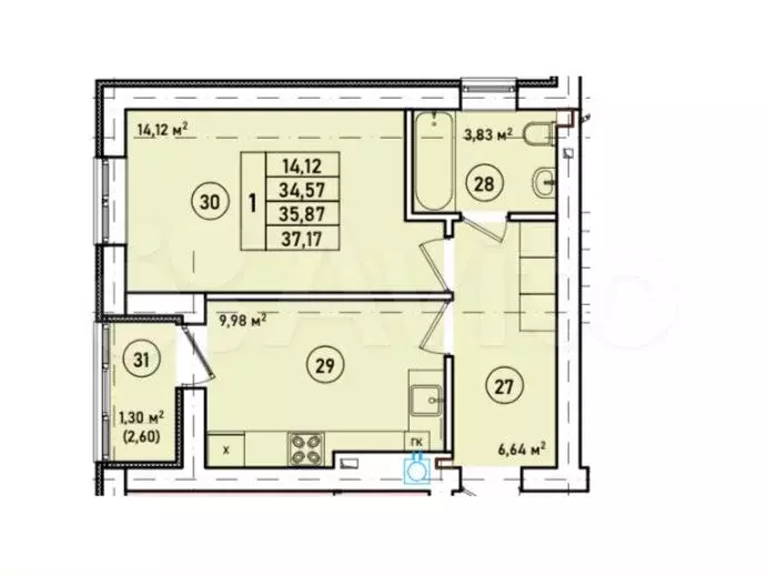 1-к. квартира, 37,1 м, 2/7 эт. - Фото 1