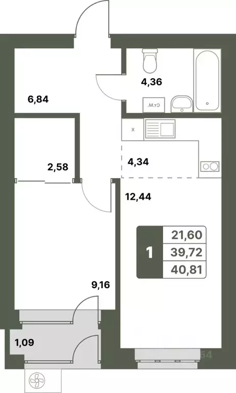 1-к кв. Башкортостан, Уфимский район, с. Миловка  (40.81 м) - Фото 1