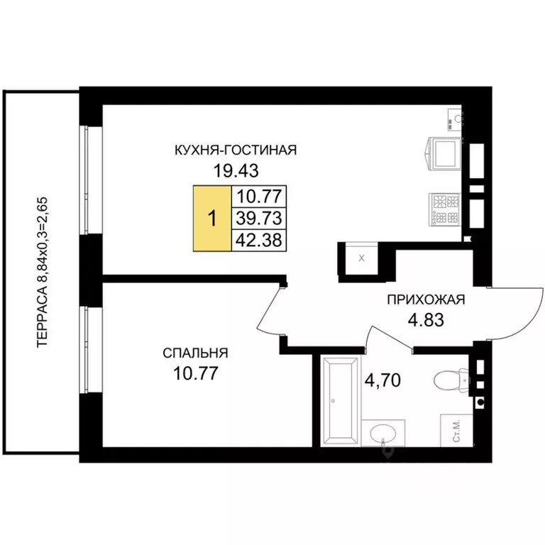 1-к кв. Калининградская область, Гурьевск Включи жилой комплекс (42.38 ... - Фото 1