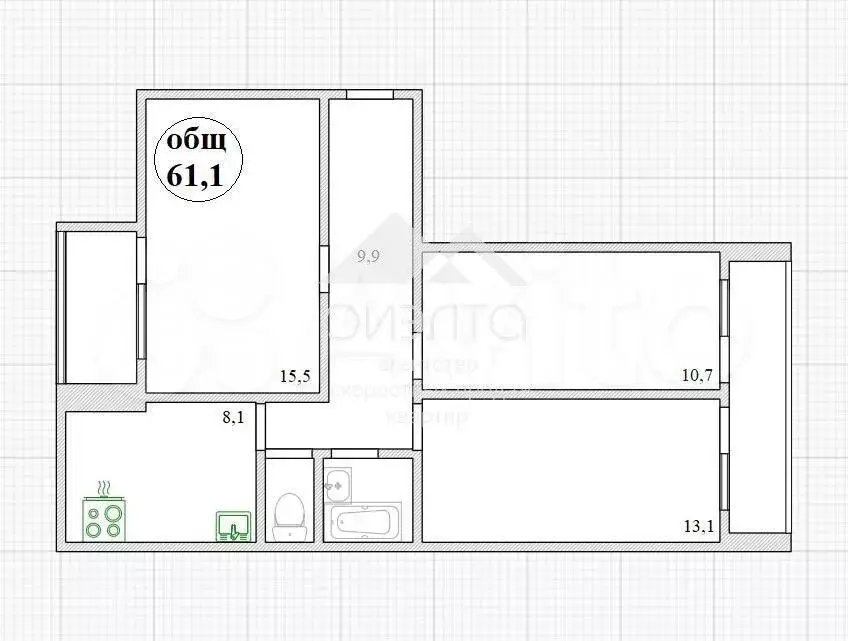 3-к. квартира, 61,1 м, 4/9 эт. - Фото 0