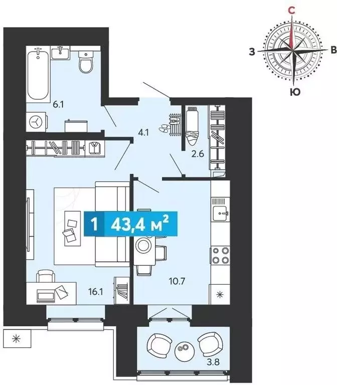 1-комнатная квартира: Засечное, микрорайон Город Спутник (43.4 м) - Фото 1